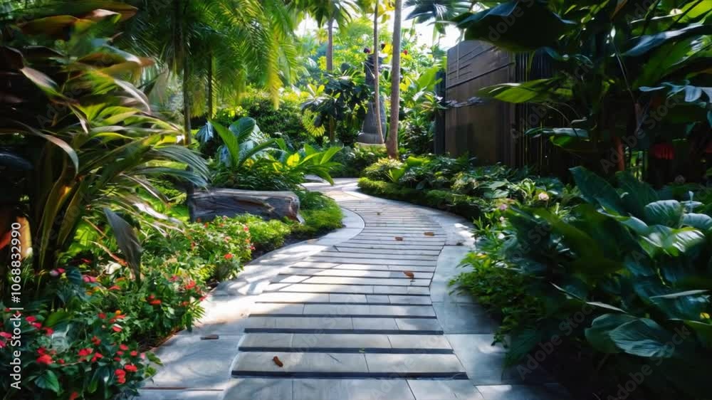 Serene Garden Pathway Tropical Landscape of Lush Greenery and Vibrant Flowers for Peaceful Outdoor Relaxation