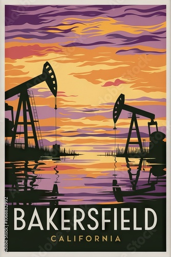 Vintage Travel Poster: Captivating Sunset Over Oil Pumps in Bakersfield, California - Classic Retro Style for Travel Enthusiasts and Home Decor photo