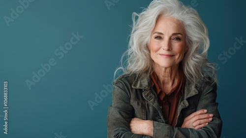 A stylish elderly woman with dramatic, flowing white hair poses confidently with arms crossed in a denim jacket, standing against a muted teal background.