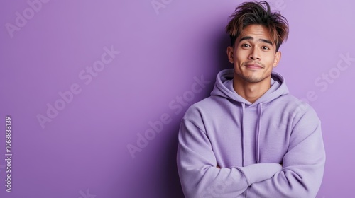 A man wearing a light purple hoodie stands relaxed with a gentle smile, embodying a blend of casualness and charm on a purple background. photo