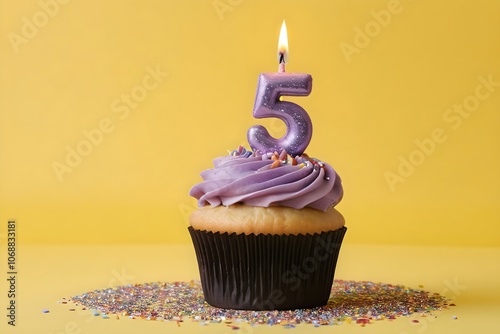 5th birthday cupcake with purple whipped cream, candles, and number 5, isolated on yellow background