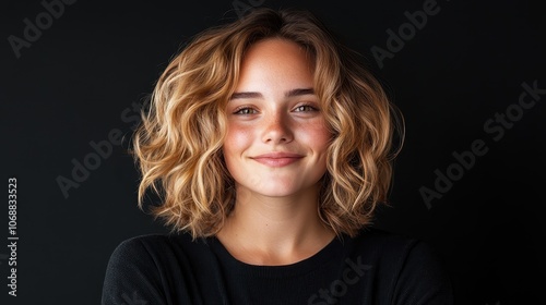 This image captures a smiling woman with wavy blond hair against a dark backdrop, conveying a sense of ease and contemporary chic with her warm demeanor.