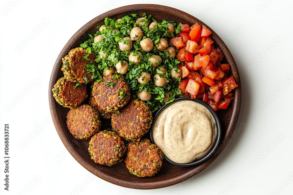 Plate of chickpeas falafel with tahini sauce isolated on white background. Top view, copy space Plate of chickpeas falafel with tahini sauce isolated on white background. Top view, copy space