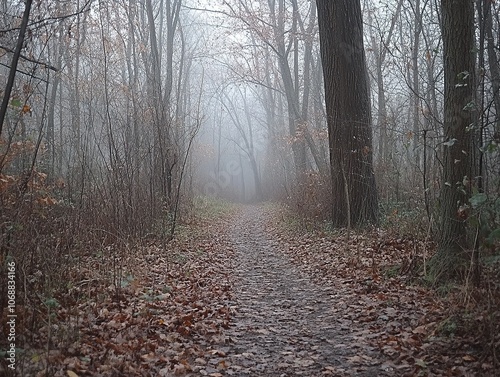 Misty forest trail with dense fog and autumn foliage.