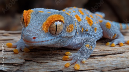 A close-up of a gecko with large, golden eyes and orange spots on its grey skin, perched on a weathered branch. photo