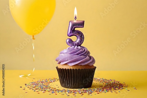 5th birthday cupcake with purple whipped cream, candles, and number 5, isolated on yellow background with balloon