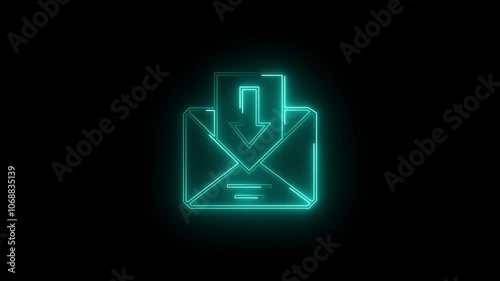 Neon glowing inbox mail  icon concept animation on black background. glowing neon Mail envelope.