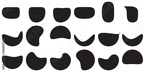 Random blotch, inkblot. Organic blob, blot. Speck shape.Splat, fleck graphic. Drop of liquid, fluid. Pebble, stone silhouette.Ink stain, mottle spot irregular shape. Basic, simple rounded, smooth form