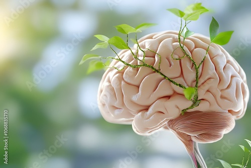 A brain with vines growing out of the top, set against a blur background photo