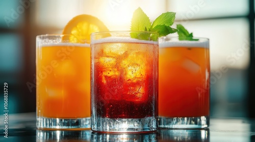 Three colorful drinks with garnishes placed on a reflective surface under bright light, creating an inviting and refreshing atmosphere perfect for summer refreshment.