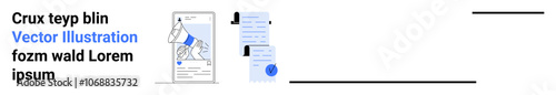 Modern app interface highlighting a main screen with a hand holding a phone, notification icon, and chat bubbles. Ideal for mobile apps, digital communication, tech tutorials, software demos, user