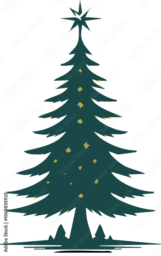 Christmas decorated tree silhouette, vector illustration, holiday background, template for design, greeting card, banner, invitation. Christmas decorated tree silhouette, vector illustration, holiday background, template for design, greeting card, banner, invitation.