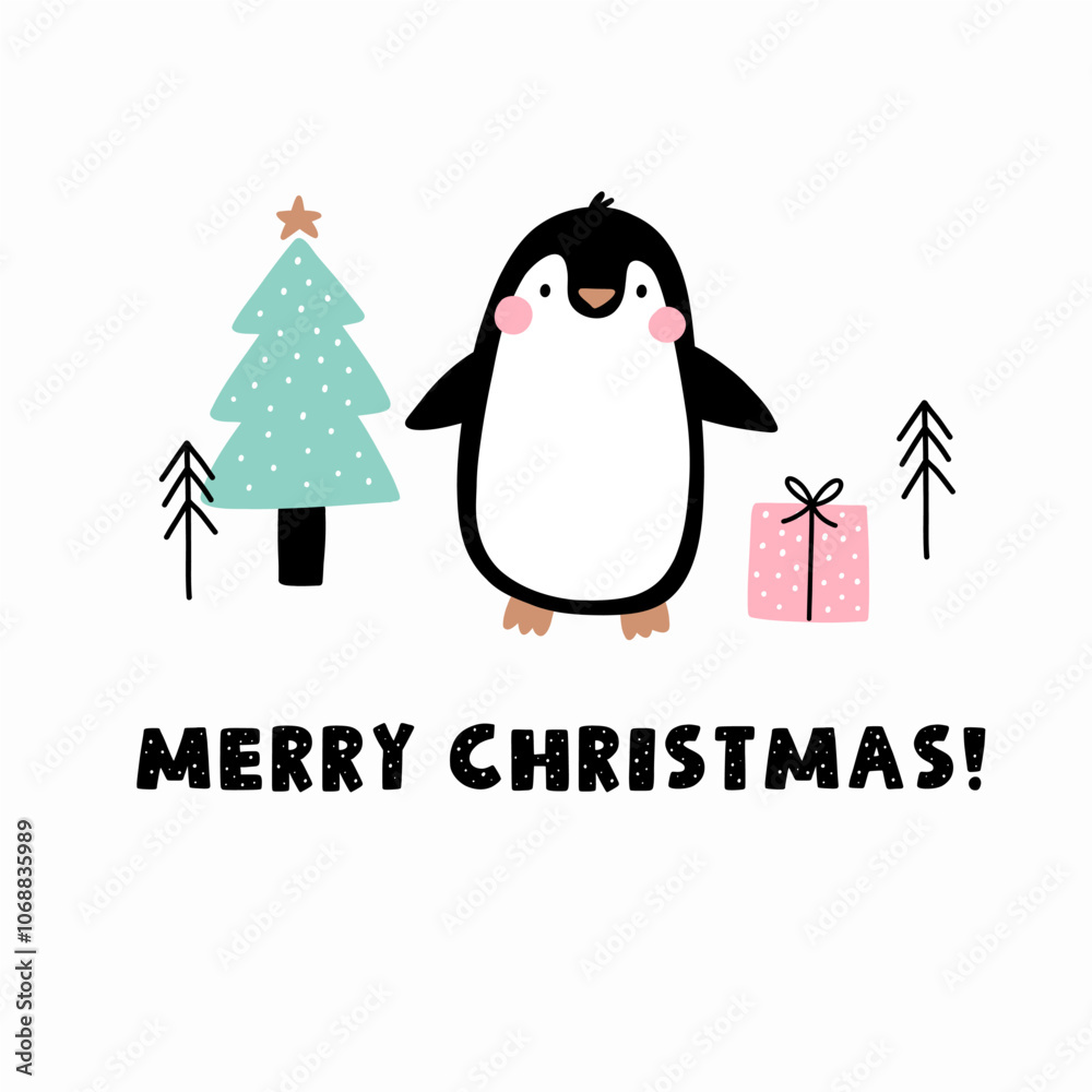 Obraz premium Cute cartoon penguin Holidays print. Christmas vector illustration with awesome animal