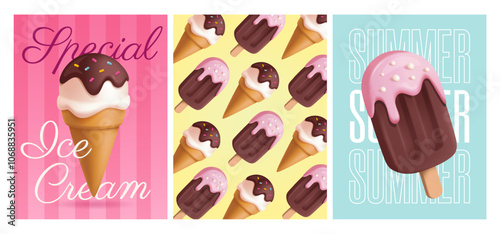 Set of Ice Cream posters. Social media banner with sweet desserts, popsicles in waffle cones and gelato with different flavors. Realistic 3D vector illustration collection isolated on white background