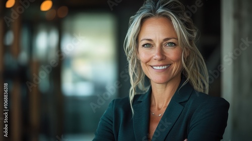 A cheerful woman with blonde hair smiles warmly, exuding positivity and happiness in a bright and welcoming setting, embodying optimism and joy.