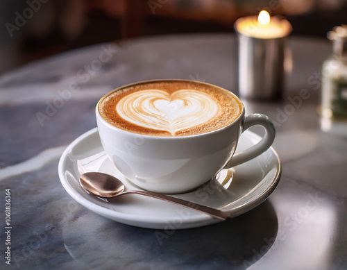 A steaming cup of cappuccino with a heart-shaped latte art design on a marble table