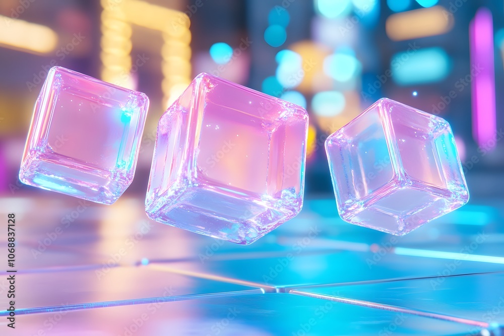 A virtual scene of glowing cubes floating in the air, illuminated by blue light and surrounded by a blur background A virtual scene of glowing cubes floating in the air, illuminated by blue light and surrounded by a blur background