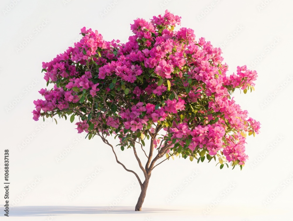 Fototapeta premium Shrub with bright pink flowers, on a white background with subtle shadows, high detail