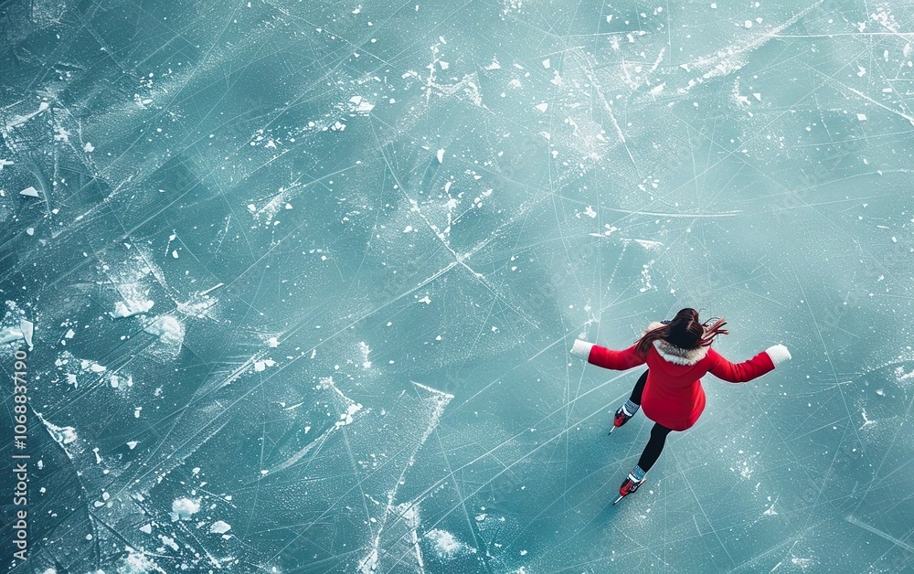 Naklejka premium Aerial shot, drone view of a woman in red skating on the ice rink in frozen winter. Bucket list banner, adventure concept. Active holiday, outdoor activities poster. Top view from above, copy space