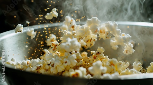 Captivating photo of popcorn being tossed with flavorful seasonings in a stainless steel bowl highlighting the texture and vibrant colors of this popular snack for culinary and lifestyle content