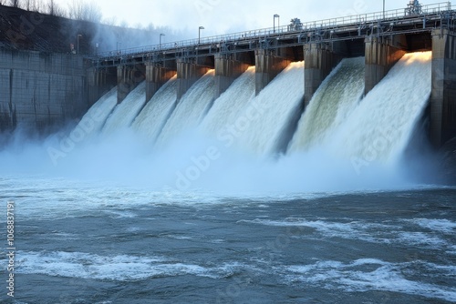 Hydroelectric dam releasing a massive water flow into a deep canyon