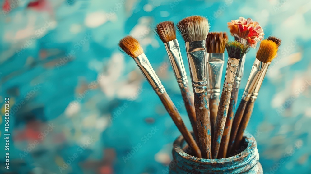 Collection of paintbrushes in a rustic jar against a vibrant abstract background, capturing the essence of artistic creativity, perfect for themes of art, craft, and inspiration Collection of paintbrushes in a rustic jar against a vibrant abstract background, capturing the essence of artistic creativity, perfect for themes of art, craft, and inspiration