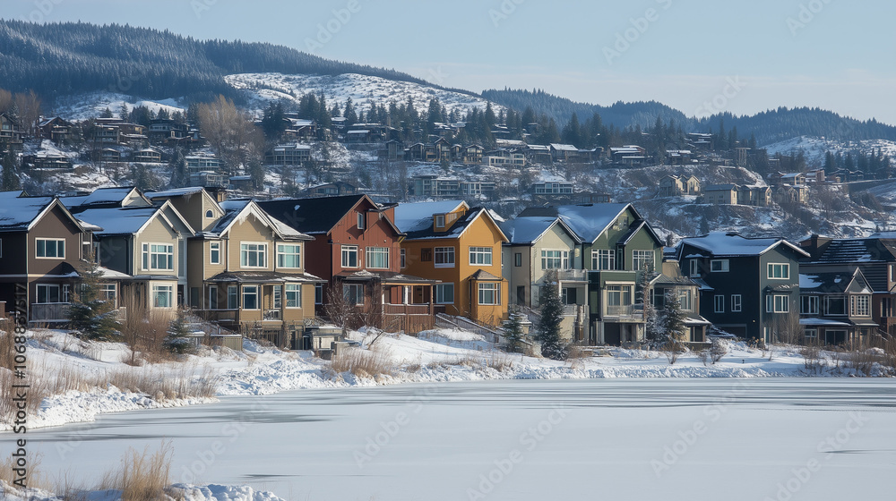 Housing development by a snow-covered frozen lake in winter Housing development by a snow-covered frozen lake in winter