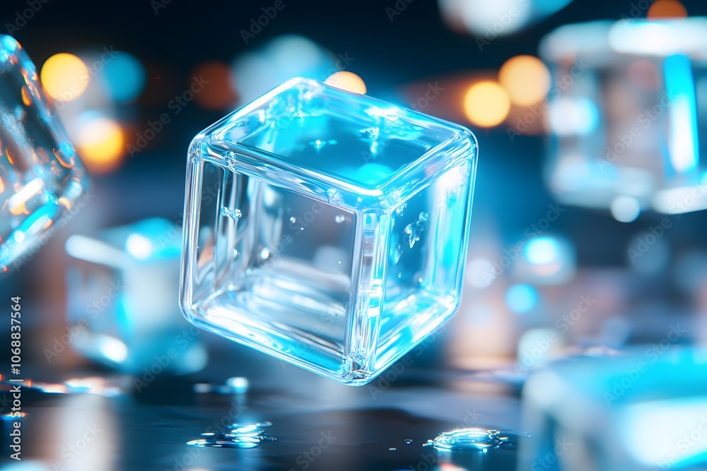 A virtual scene of glowing cubes floating in the air, illuminated by blue light and surrounded by a blur background A virtual scene of glowing cubes floating in the air, illuminated by blue light and surrounded by a blur background