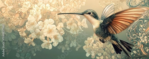 Stylized hummingbird with intricate patterns in an Art Nouveau composition, soft tones and details