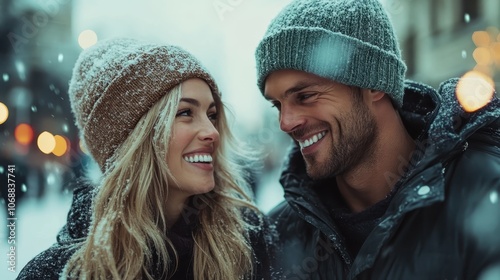 A couple in winter apparel, sharing happy smiles in a snowy urban backdrop, embodying the warmth of companionship despite the chilly environment around them. photo