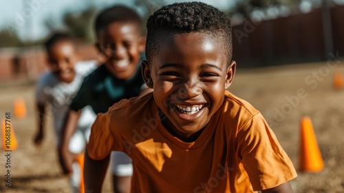 A cheerful boy grins broadly while playing outdoors with friends, creating a vibrant atmosphere filled with energy and the spirit of youthful enthusiasm.