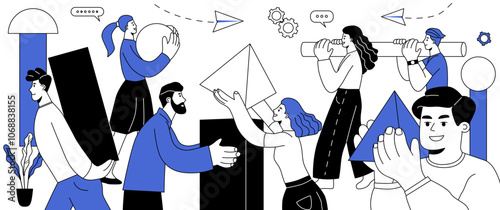 Team building. Male and female office workers create something from geometric shapes. Collaboration and business partnership of employees. Flat outline vector illustration isolated on white background