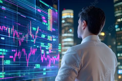 Illustration of a businessman in profile, surrounded by digital charts and graphs, urban skyline backdrop