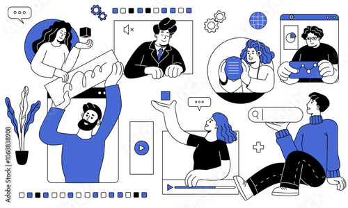 Team communication. Male and female office employees manage project and set goals in online meeting. Workflow during video call. Flat outline vector illustration isolated on white background