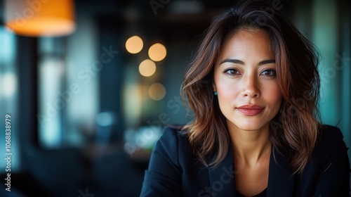 A young businesswoman in a modern office, surrounded by blurry bokeh lights, showcases a professional yet approachable demeanor in a corporate setting.