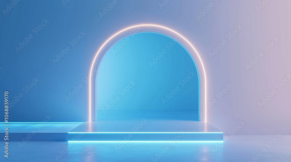 A sleek blue archway illuminated with soft neon lights in a serene space creates an inviting atmosphere for creative ideas A sleek blue archway illuminated with soft neon lights in a serene space creates an inviting atmosphere for creative ideas