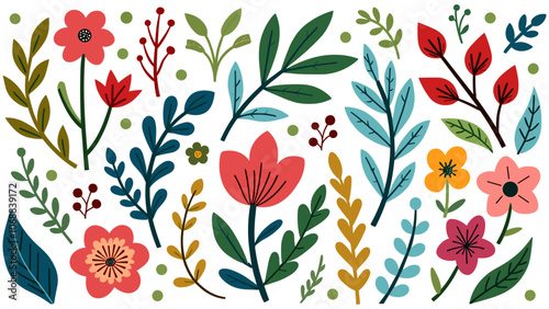 Beautiful romantic flower collection with roses, leaves, floral bouquets, flower compositions.