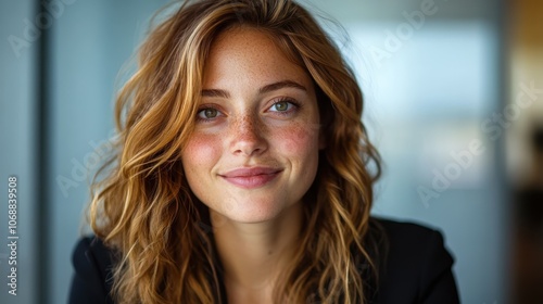 A freckled woman with curled hair sits in an office setting, smiling gently, and wearing a black blazer, capturing the blend of professionalism and warmth.