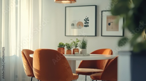 Modern kitchen and dining area with stylish orange chairs, natural light, and green plants, creating a cozy and elegant interior ideal for contemporary home and lifestyle themes photo