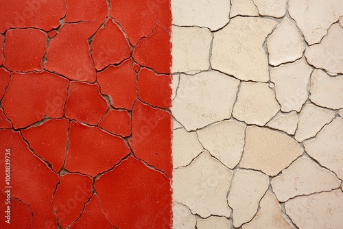 Cracked Red and Beige Paint, A Stunning Texture Comparison. A visual masterpiece photo