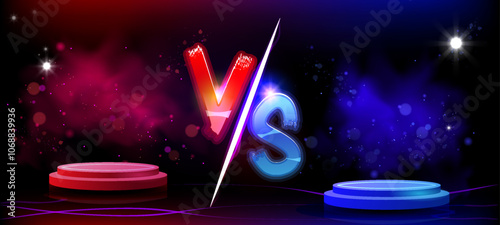 Banner with empty VS podiums. Background for confrontation with blue and red pedestal, sparkles and smoke. Martial arts combat, fight competition. Realistic 3D render vector illustration