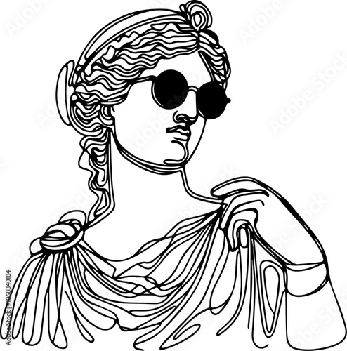 line art image of a Greek goddess wearing black sunglasses isolated on white background