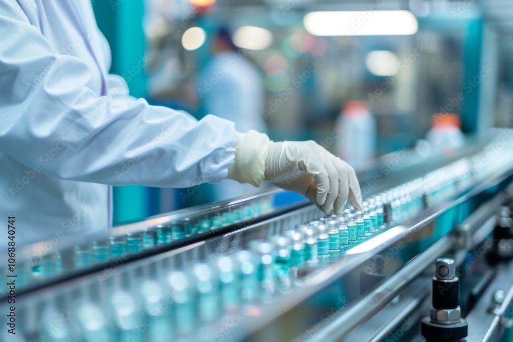 Worker in lab coat and gloves assembling parts on conveyor belt Worker in lab coat and gloves assembling parts on conveyor belt