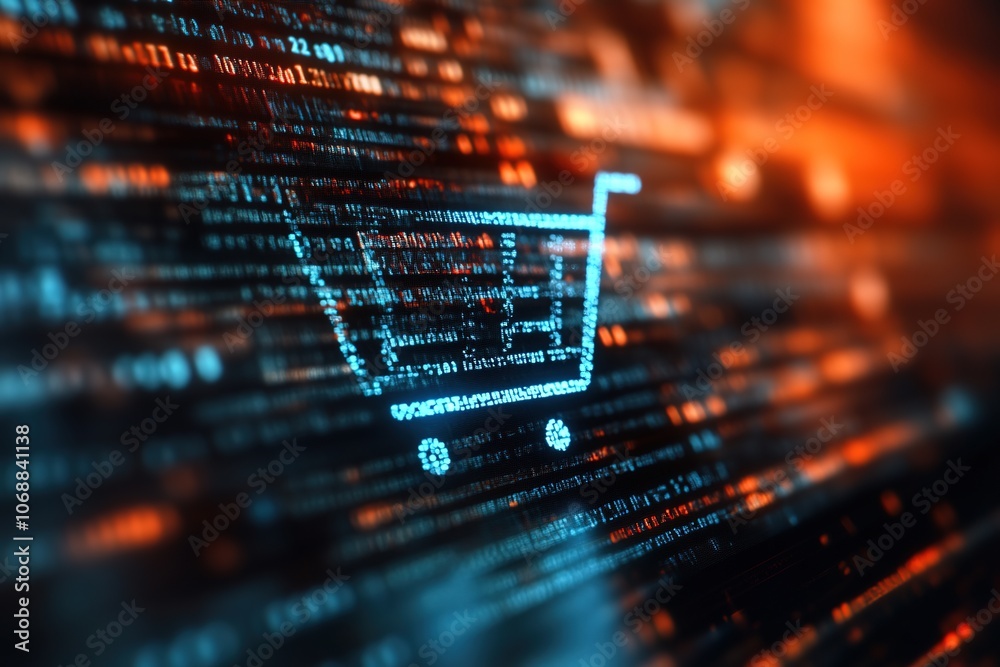 Digital shopping cart icon on glowing binary code background Digital shopping cart icon on glowing binary code background