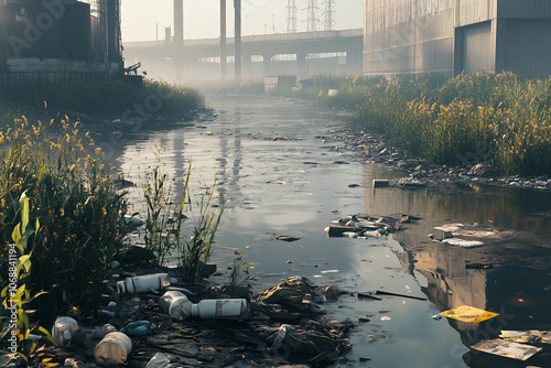 Polluted river with industrial wastewater, floating garbage, and oil slicks, showing environmental degradation and nearby withering plants. A somber scene emphasizing pollution, ecological harm photo