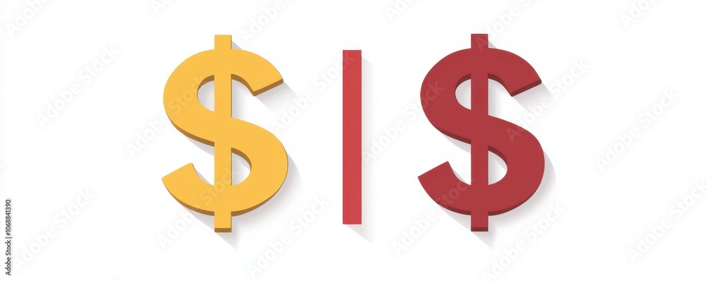 Two dollar signs in contrasting colors symbolize finance, value, and economic contrasts. Two dollar signs in contrasting colors symbolize finance, value, and economic contrasts.