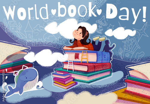 World Book Day. Happy little girl swims across ocean on stack of books. Child loves to read books and literature. Dive into world of knowledge. Cartoon hand drawn vector illustration photo