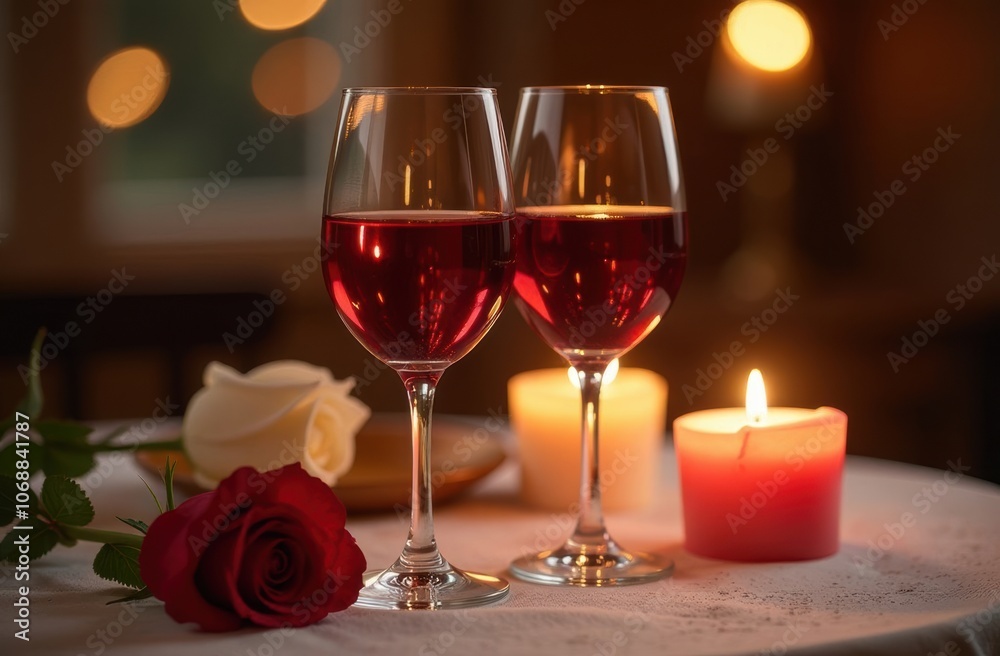 two Glasses of wine with rose and burning candles for romantic atmosphere 