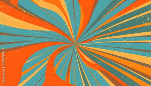 Retro groovy sunburst background pattern in 60s hippy style grunge textured vintage color palette of blue orange red beige and brown in spiral or swirled radial striped starburst retro groovy sunbur photo