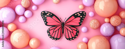 vibrant butterfly surrounded by colorful spheres creates playful scene. pink background enhances lively atmosphere, making it perfect for artistic projects